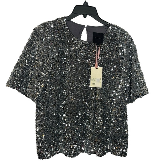 NWT Alex Marie Lia Sequin Velvet Top Silver Crew Neck Short Sleeve Size Large - Picture 4 of 10